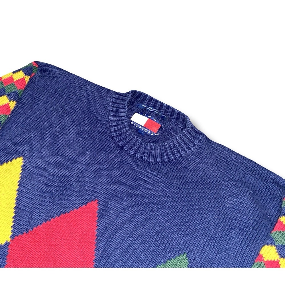 VTG Tommy Hilfiger Sweatshirt Size Medium Argyle Multicolor Cotton Knit Sweater - Picture 4 of 7
